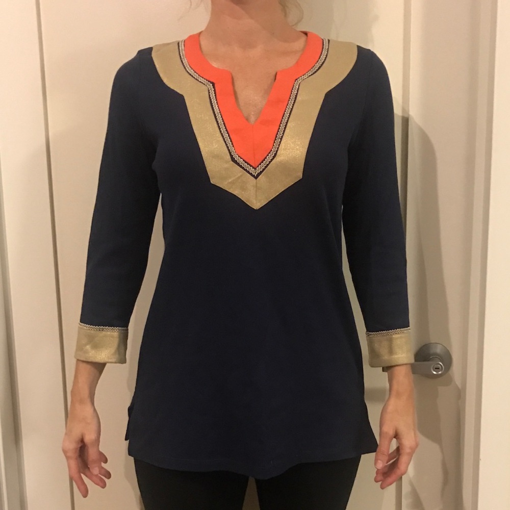 CHARTER CLUB NAVY, GOLD, & CORAL TUNIC TOP